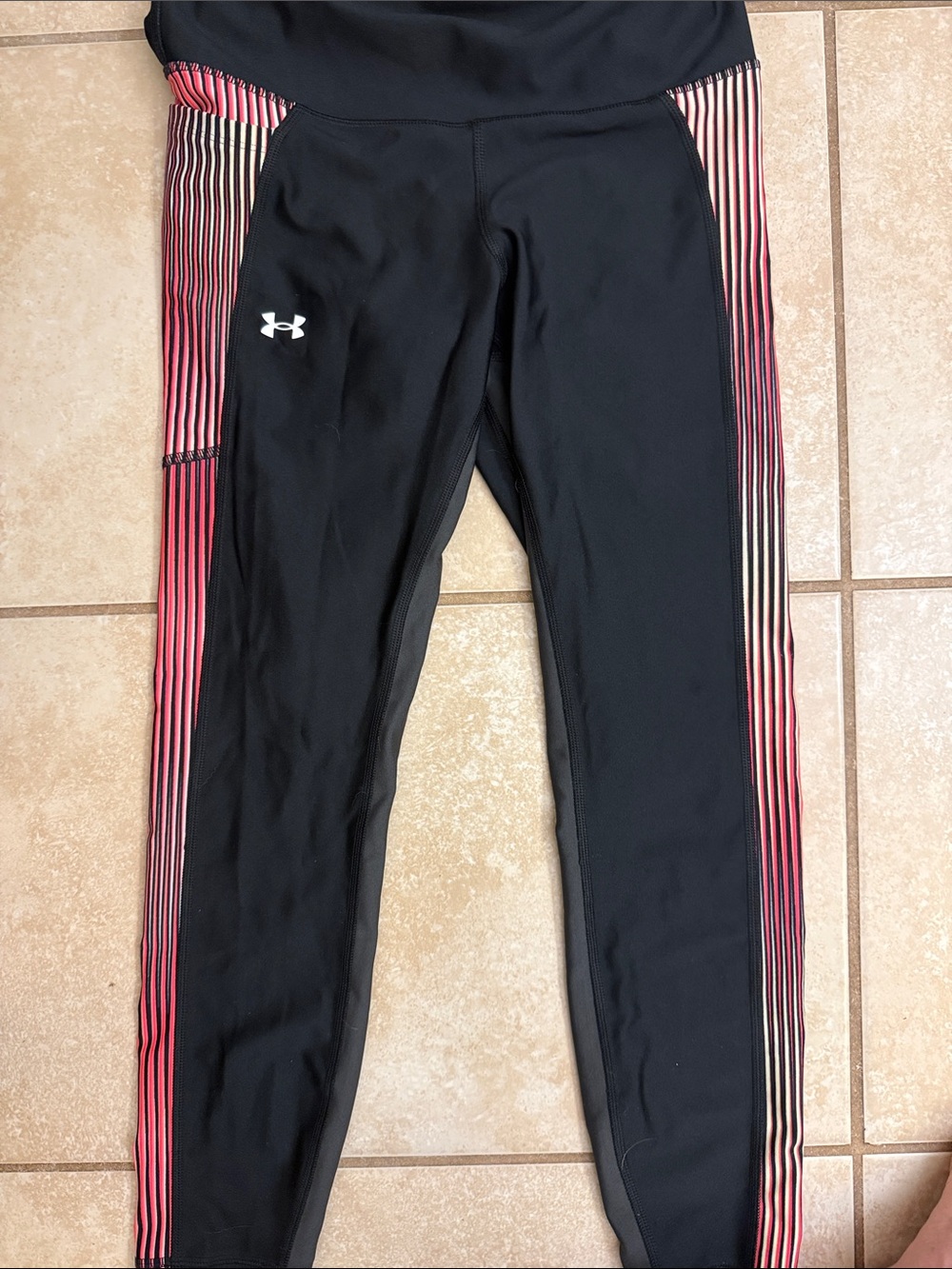 Under Armour Black Leggings with Pink and Cream Gradient Side Stripes